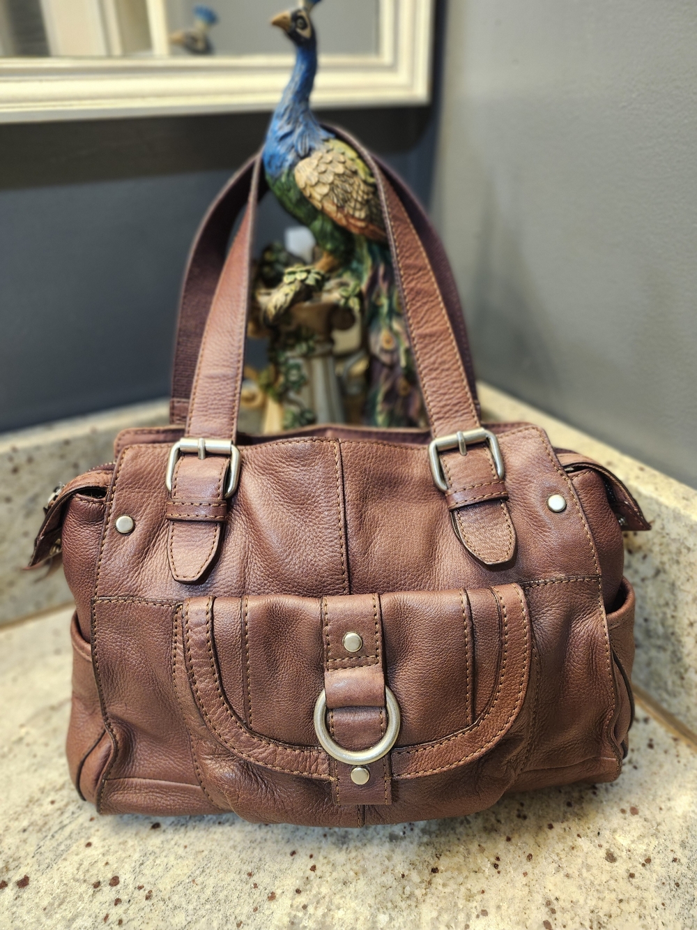 Vintage Fossil Plum Pebbled Leather Satchel Handbag Purse